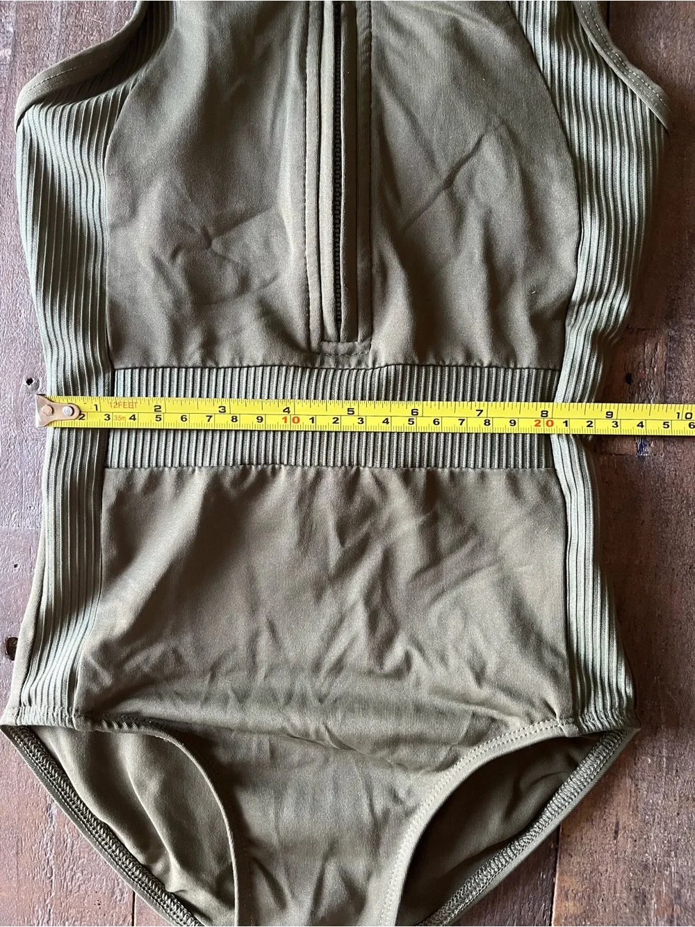 Olive Green Ribbed Zip-Front One-Piece Leotard